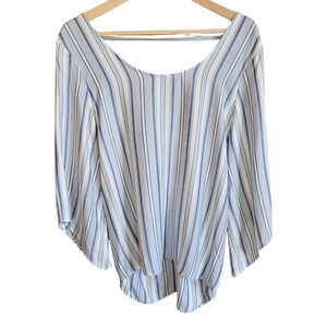 Drew Women's Large Blue White Striped Twist Back Bell Sleeve Rayon Blouse